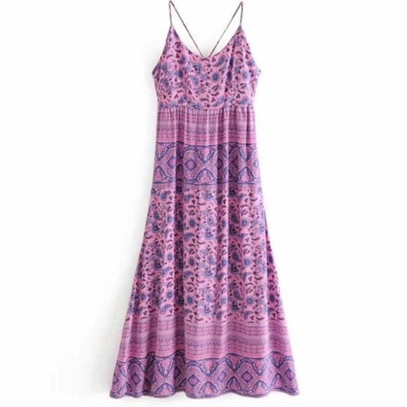 Boho Purple Pink Floral print Criss Cross Back Maxi dress - Picture 7 of 8